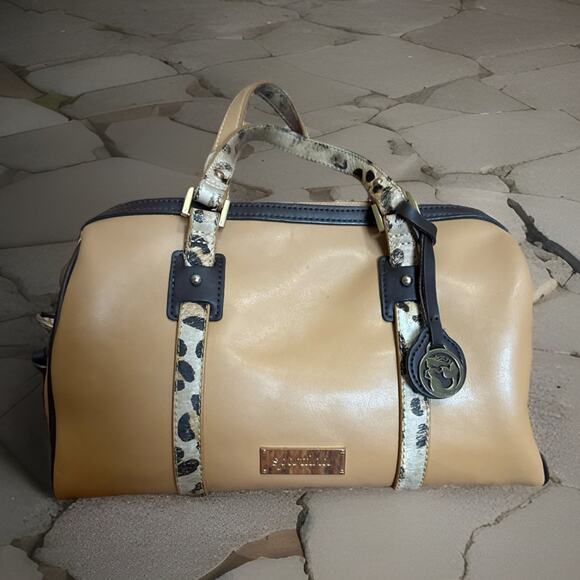 Spartina Tan Leather Handbag w/Leopard Print Handle/Accents-Great Used Condition - Picture 1 of 13
